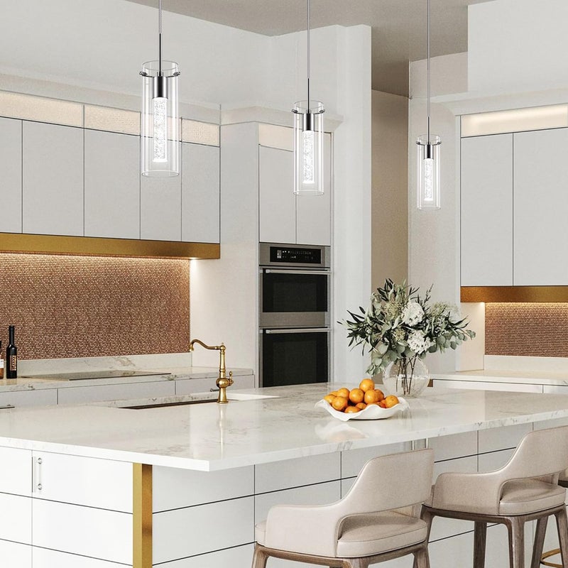 Esfos Pendant Ceiling Light Fixture, LED Kitchen Lighting Crystal Pendant Lights Kitchen Island, 1-Light Integrated Kitchen Hanging Light Fixture Modern Island Light with Bubble Glass Three Pack - Image 2
